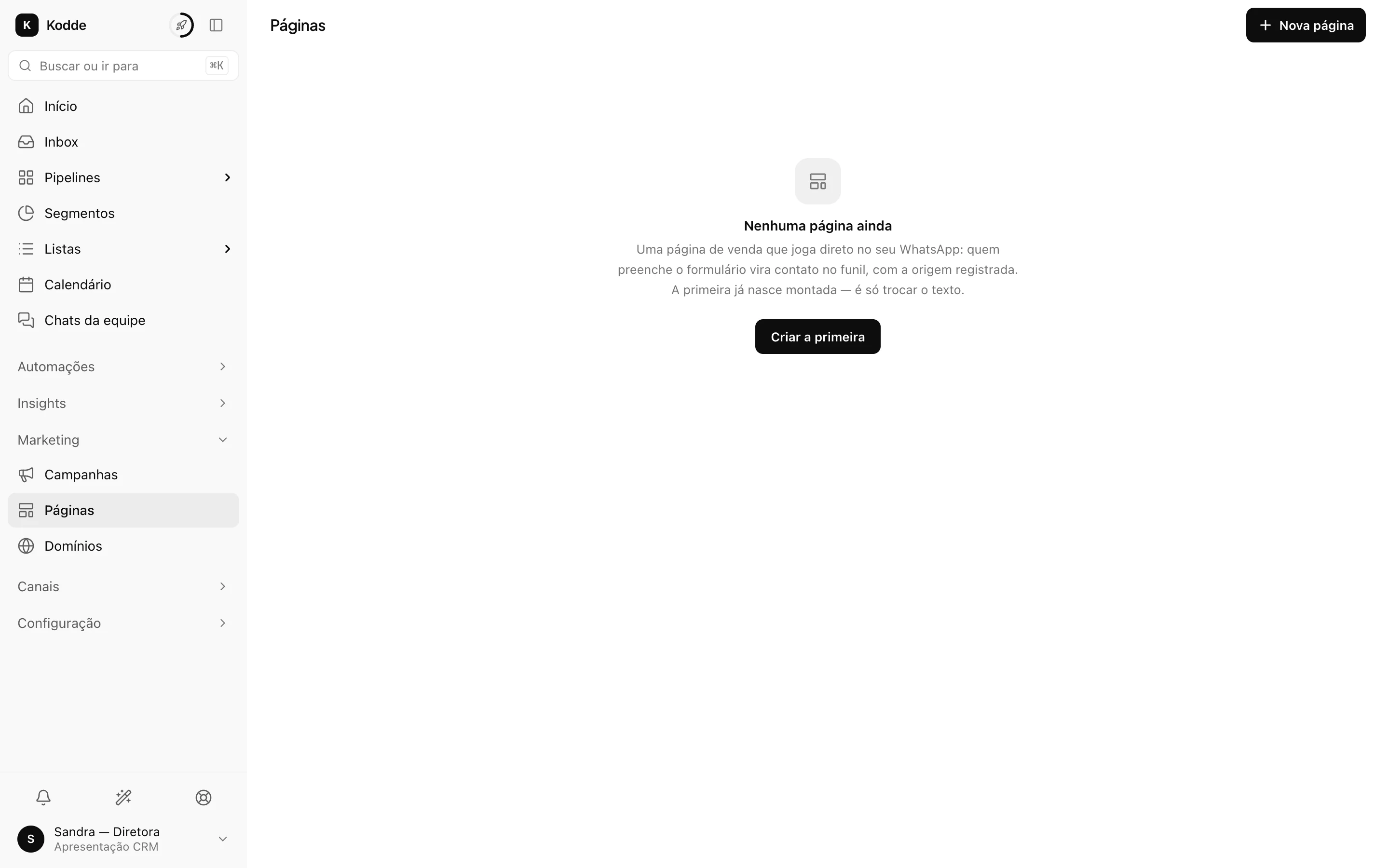 Construtor de páginas do Kodde: seções, variantes e o botão de WhatsApp com rastreio