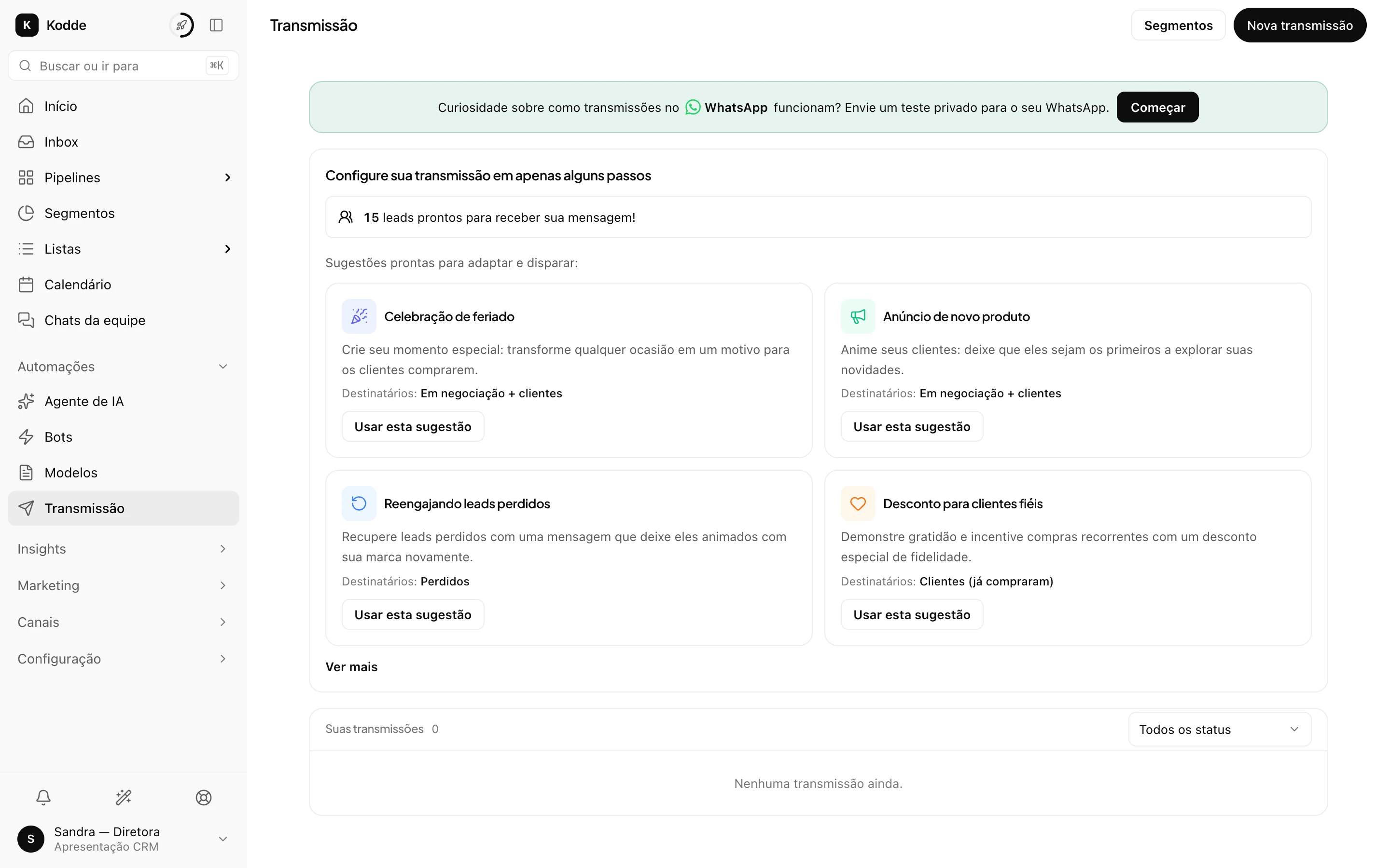Tela de transmissão do Kodde: lista filtrada, modelo aprovado e envio em andamento
